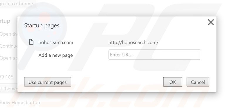Eliminando hohosearch.com de la página de inicio de Google Chrome