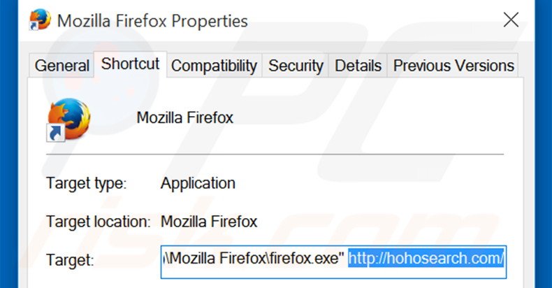 Eliminar hohosearch.com del destino del acceso directo de Mozilla Firefox paso 2