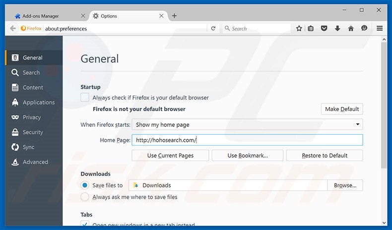 Eliminando hohosearch.com de la página de inicio de Mozilla Firefox