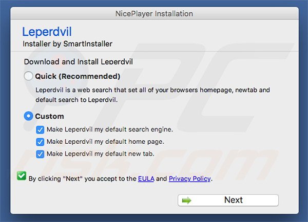 instalador engañoso usado para promocionar search.leperdvil.com
