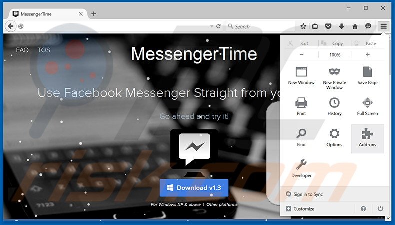 Eliminando los anuncios de MessengerTime de Mozilla Firefox paso 1