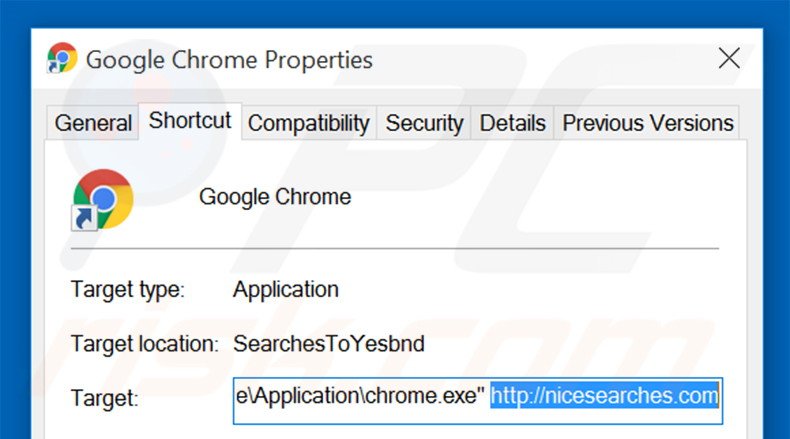 Eliminar nicesearches.com del destino del acceso directo de Google Chrome paso 2