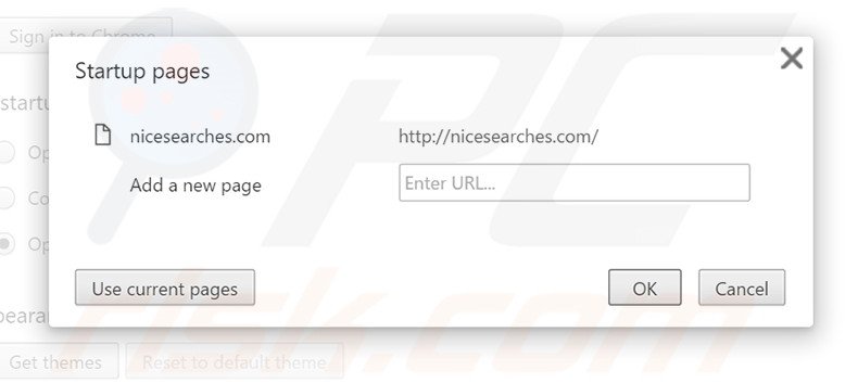 Eliminando nicesearches.com de la página de inicio de Google Chrome