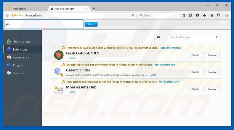 Eliminando nicesearches.com de las extensiones de Mozilla Firefox