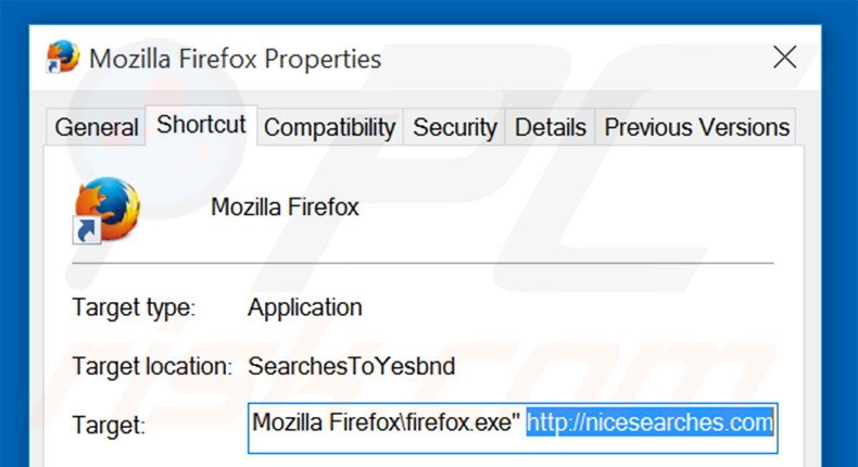 Eliminar nicesearches.com del destino del acceso directo de Mozilla Firefox paso 2