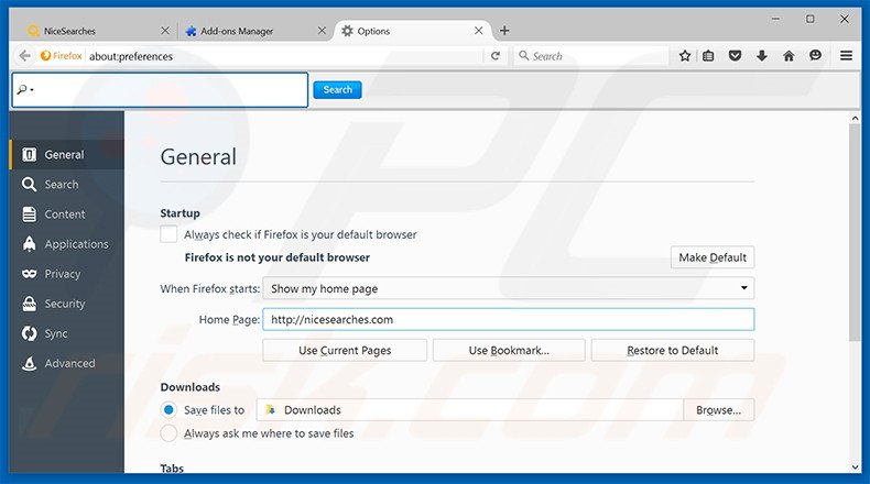 Eliminando nicesearches.com de la página de inicio de Mozilla Firefox