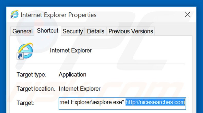 Eliminar nicesearches.com del destino del acceso directo de Internet Explorer paso 2