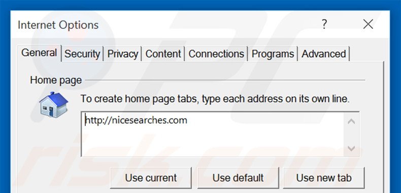 Eliminando nicesearches.com de la página de inicio de Internet Explorer