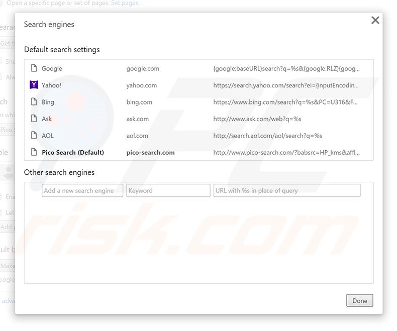 Eliminando pico-search.com del motor de búsqueda por defecto de Google Chrome