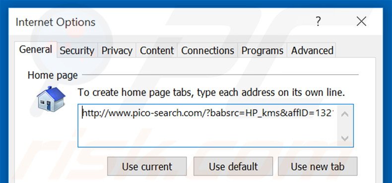 Eliminando pico-search.com de la página de inicio de Internet Explorer