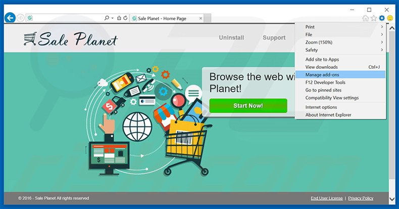 Eliminando los anuncios de Sale Planet de Internet Explorer paso 1