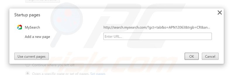 Eliminando search.mysearch.com de la página de inicio de Google Chrome