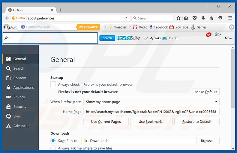 Eliminando search.mysearch.com de la página de inicio de Mozilla Firefox