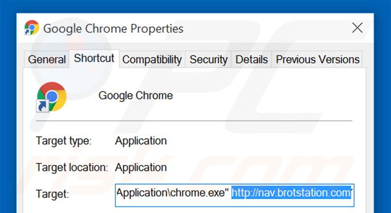 Eliminar nav.brotstation.com del destino del acceso directo de Google Chrome paso 2