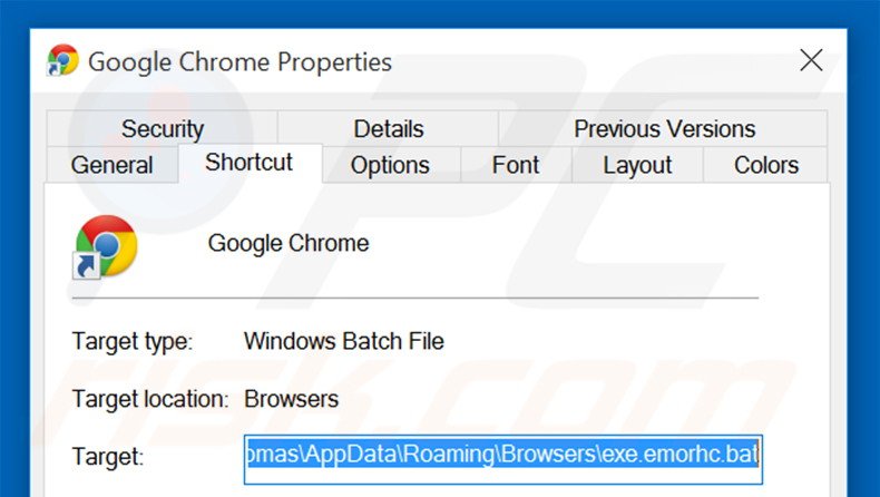 Eliminar stadsear.com del destino del acceso directo de Google Chrome paso 2