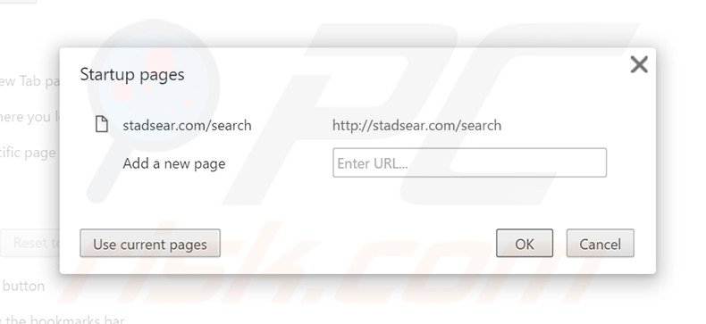 Eliminando stadsear.com de la página de inicio de Google Chrome