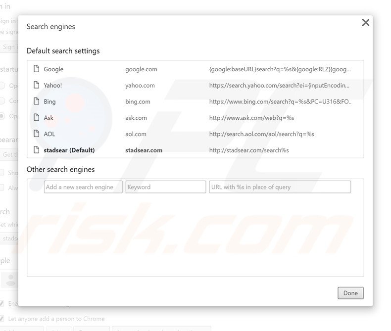 Eliminando stadsear.com del motor de búsqueda por defecto de Google Chrome