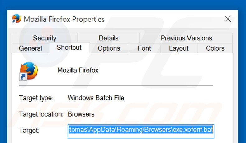 Eliminar stadsear.com del destino del acceso directo de Mozilla Firefox paso 2