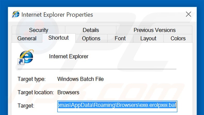 Eliminar stadsear.com del destino del acceso directo de Internet Explorer paso 2