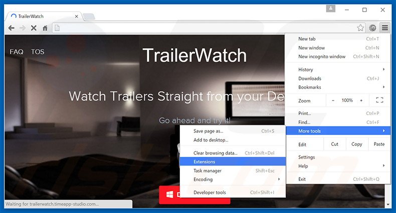 Eliminando los anuncios TrailerWatch de Google Chrome paso 1