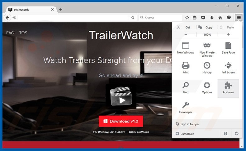 Eliminando los anuncios TrailerWatch de Mozilla Firefox paso 1