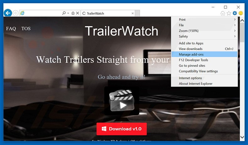 Eliminando los anuncios de TrailerWatch de Internet Explorer paso 1