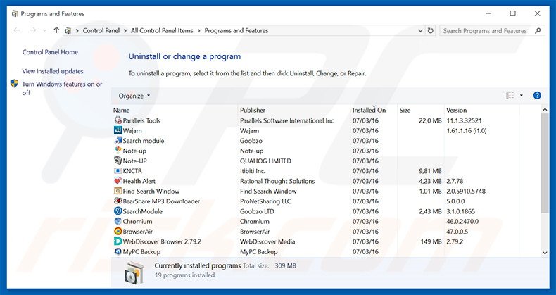 desinstalar el adware TrailerWatch del Panel de control