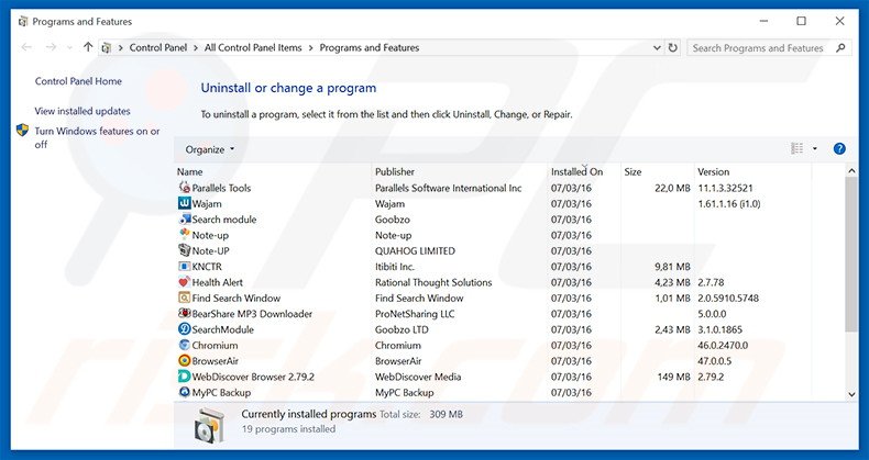 desinstalar el adware TrailerWatch del Panel de control