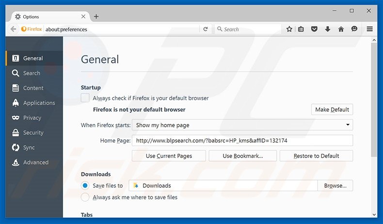 Eliminando blpsearch.com de la página de inicio de Mozilla Firefox