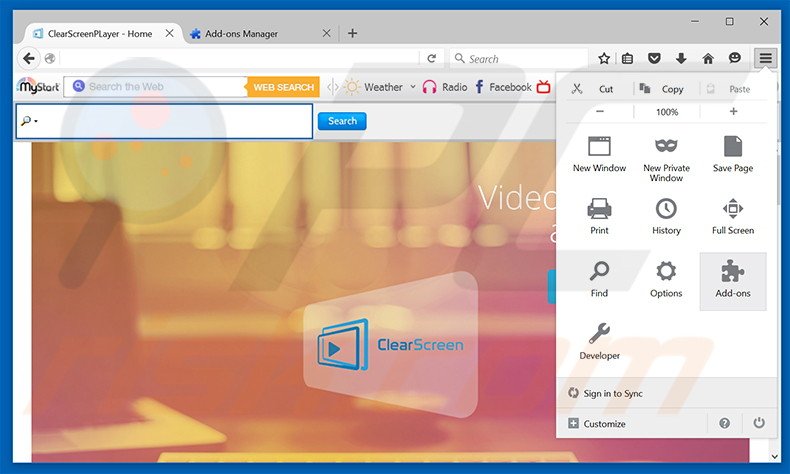 Eliminando los anuncios de ClearScreen Player de Mozilla Firefox paso 1
