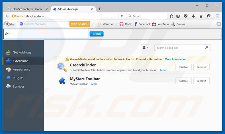 Eliminando los anuncios de ClearScreen Player de Mozilla Firefox paso 2