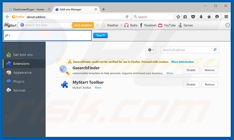 Eliminando los anuncios de ClearScreen Player de Mozilla Firefox paso 2