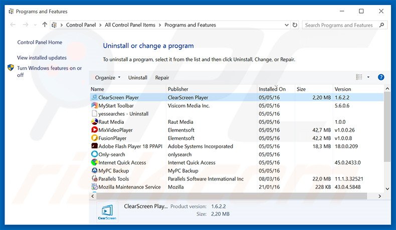 desinstalar el adware ClearScreen Player del Panel de control