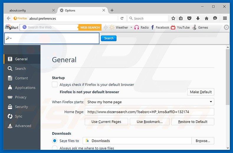 Eliminando dozensearch.com de la página de inicio de Mozilla Firefox