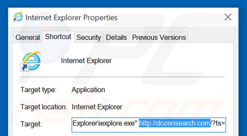 Eliminar dozensearch.com del destino del acceso directo de Internet Explorer paso 2