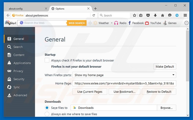 Eliminando exlee.com de la página de inicio de Mozilla Firefox