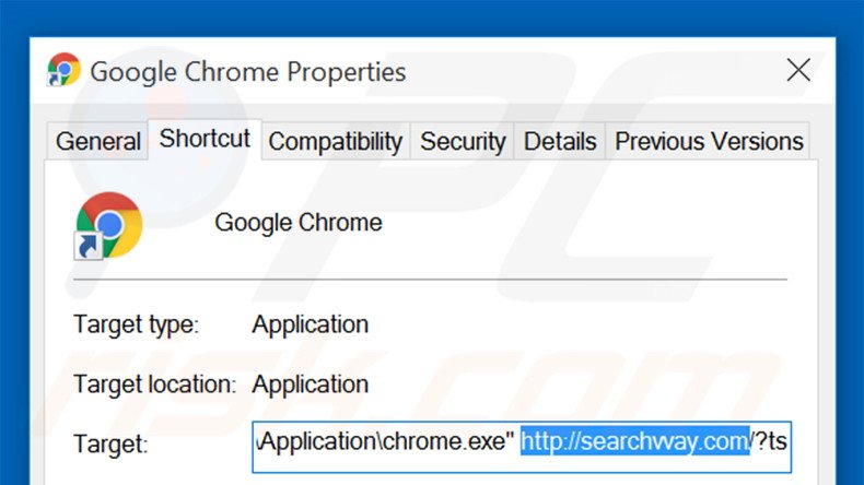 Eliminar searchvvay.com del destino del acceso directo de Google Chrome paso 2