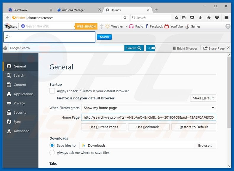 Eliminando searchvvay.com de la página de inicio de Mozilla Firefox