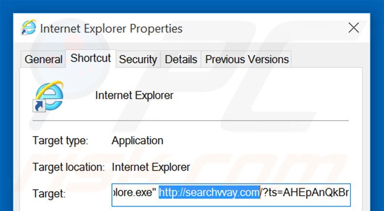 Eliminar searchvvay.com del destino del acceso directo de Internet Explorer paso 2