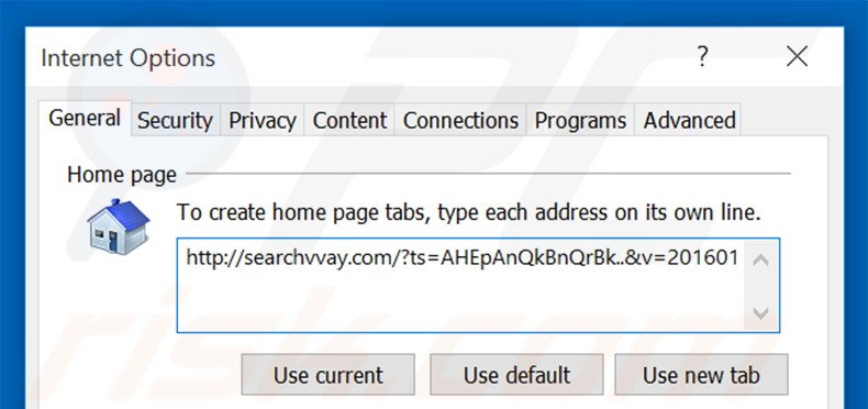 Eliminando searchvvay.com de la página de inicio de Internet Explorer