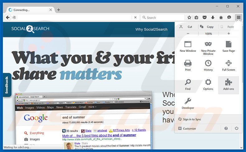 Eliminando los anuncios Social2Search de Mozilla Firefox paso 1