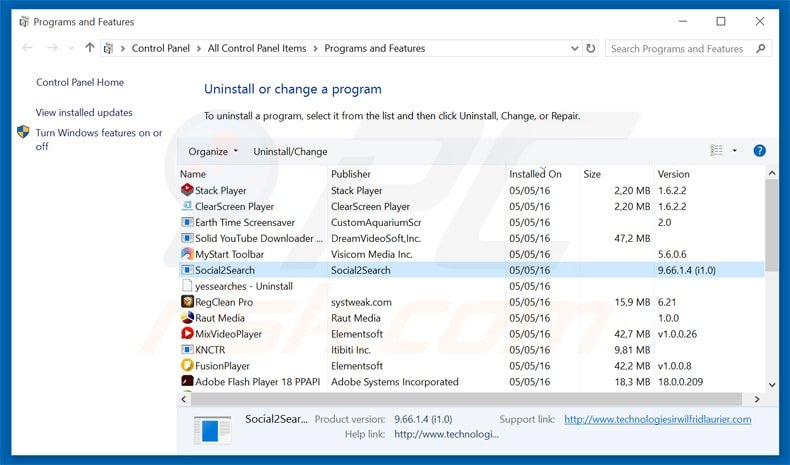 desinstalar el adware Social2Search del Panel de control