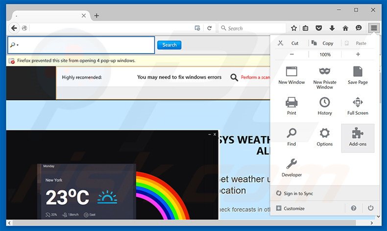 Eliminando los anuncios SysWeatherAlert de Mozilla Firefox paso 1