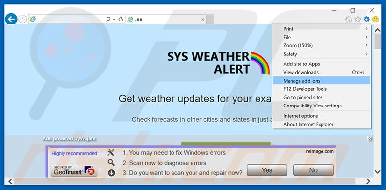 Eliminando los anuncios de SysWeatherAlert de Internet Explorer paso 1