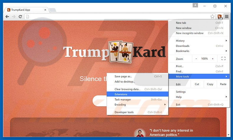 Eliminando los anuncios TrumpKard de Google Chrome paso 1