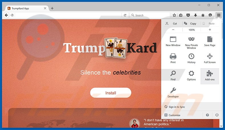 Eliminando los anuncios TrumpKard de Mozilla Firefox paso 1