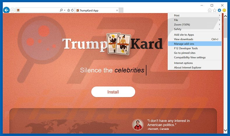 Eliminando los anuncios de TrumpKard de Internet Explorer paso 1
