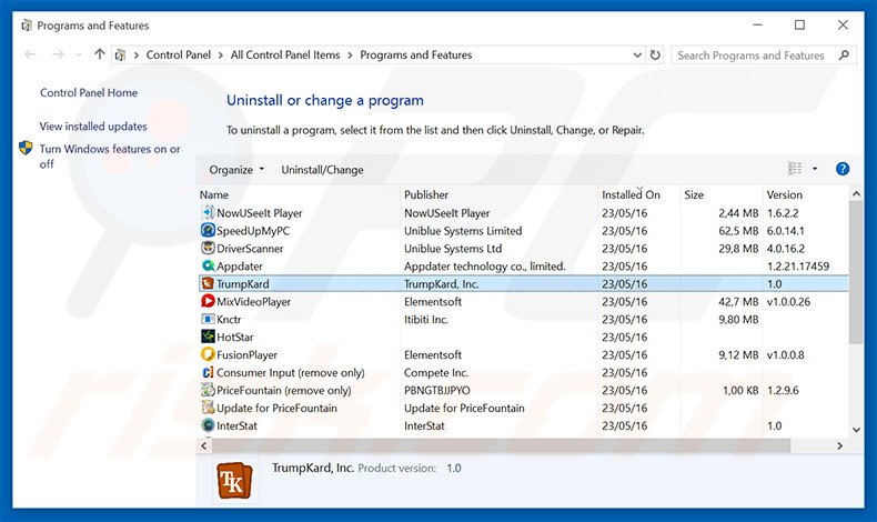 desinstalar el adware TrumpKard del Panel de control