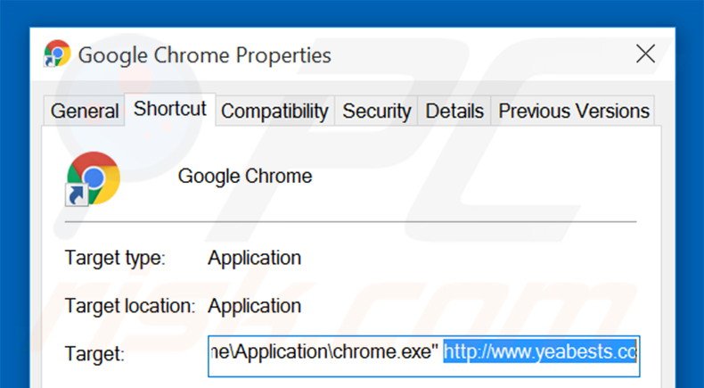 Eliminar yeabests.cc del destino del acceso directo de Google Chrome paso 2