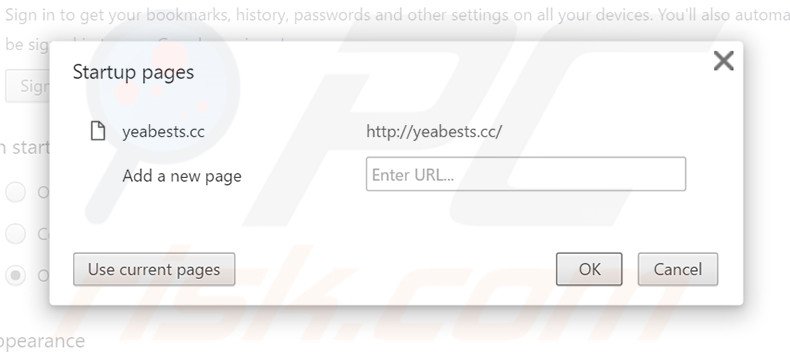 Eliminando yeabests.cc de la página de inicio de Google Chrome